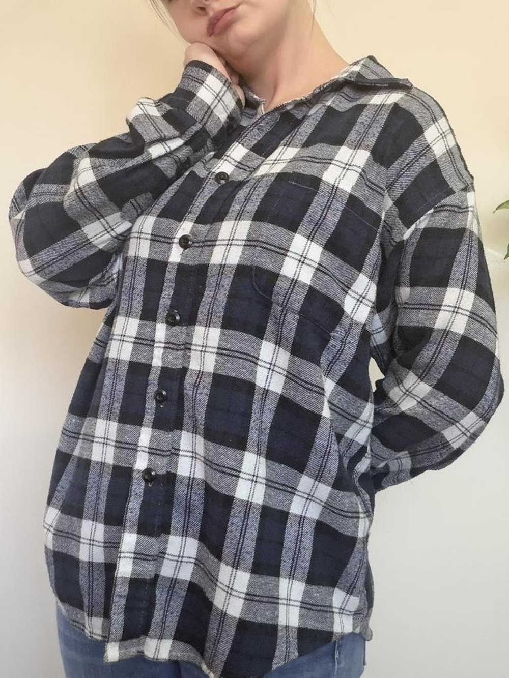 Vintage Navy And White Plaid Button Up Flannel Cozy Size L Cotton